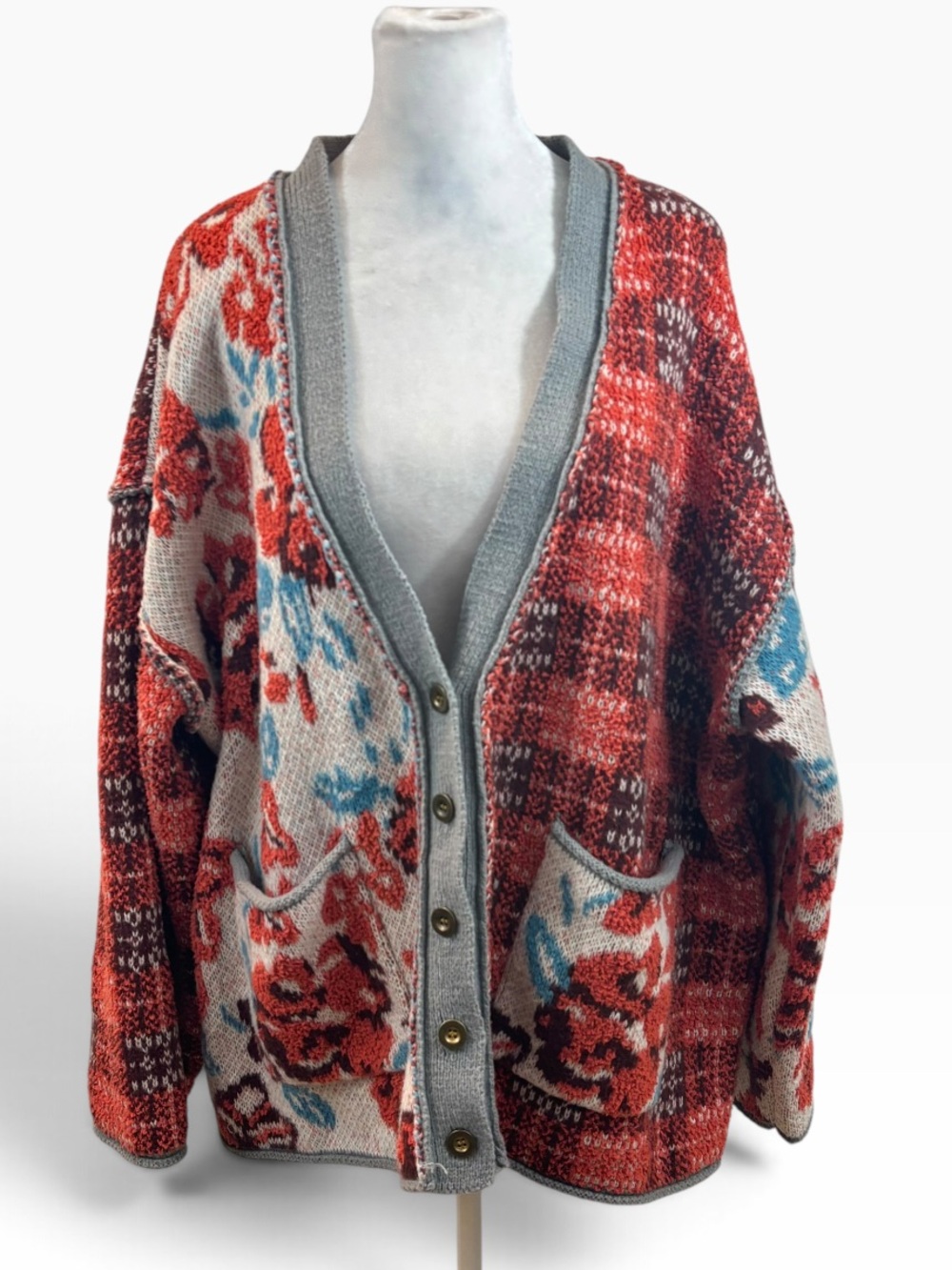 Rare POL brand Oversized Chunky Knit Floral and Plaid Cardigan Size Large